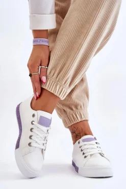 Outlet Boto Niskie Trampki Damskie Z Dżetami Biało-Fioletowe Demira