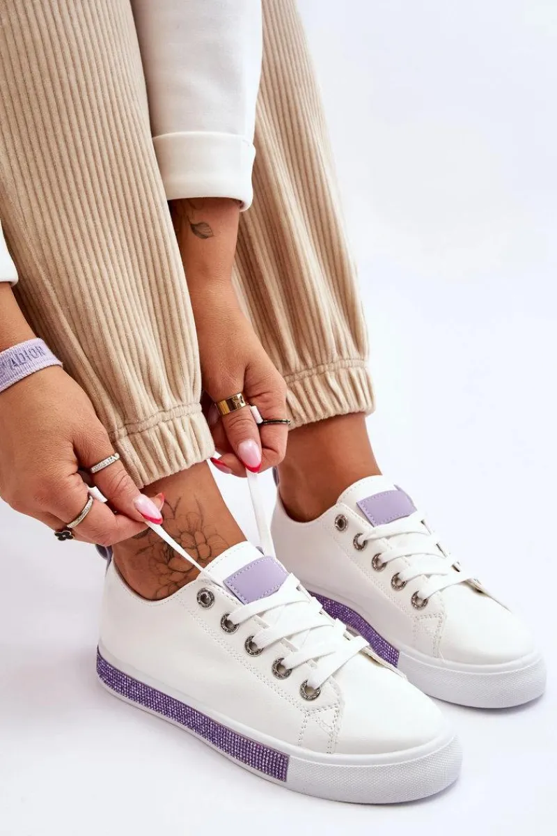 Outlet Boto Niskie Trampki Damskie Z Dżetami Biało-Fioletowe Demira