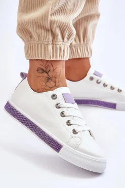 Outlet Boto Niskie Trampki Damskie Z Dżetami Biało-Fioletowe Demira