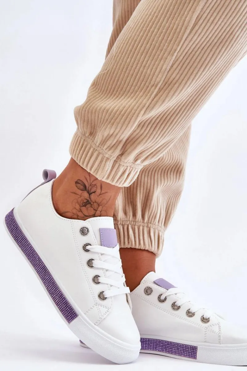 Outlet Boto Niskie Trampki Damskie Z Dżetami Biało-Fioletowe Demira