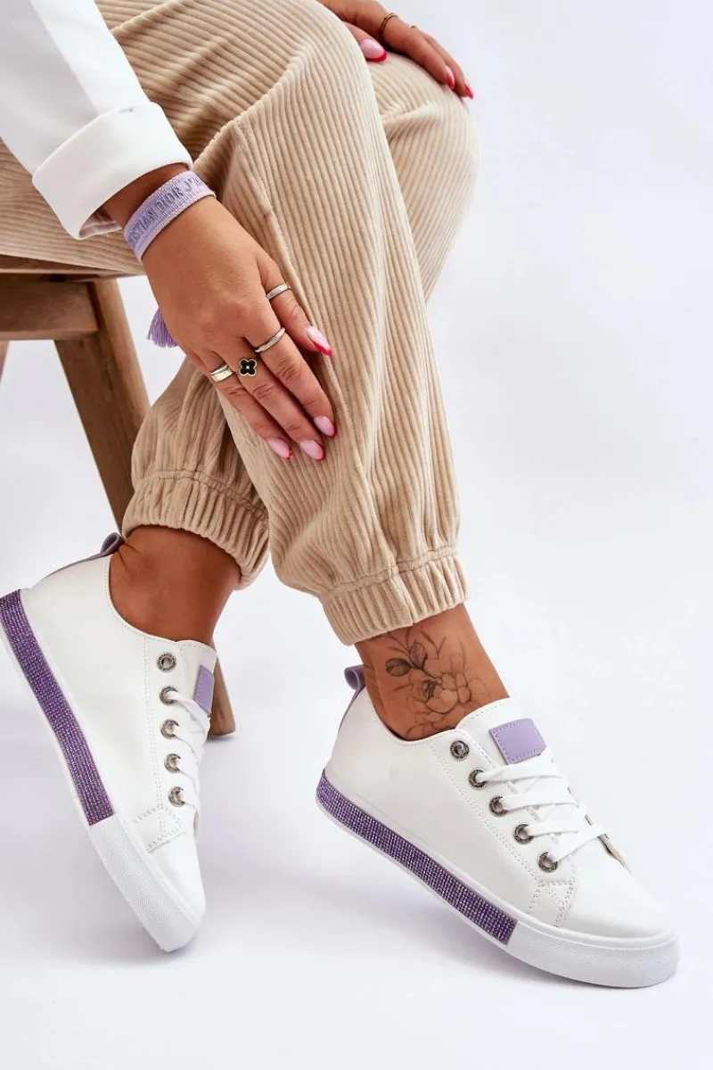 Outlet Boto Niskie Trampki Damskie Z Dżetami Biało-Fioletowe Demira