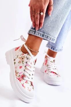 Discount Niskie Trampki Wiązane W Kwiaty Białe Amissa Damskie Trampki Damskie Niskie