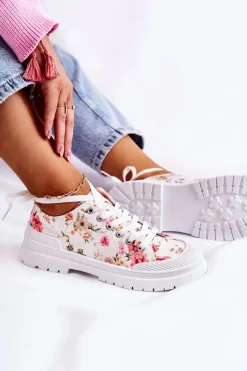 Discount Niskie Trampki Wiązane W Kwiaty Białe Amissa Damskie Trampki Damskie Niskie