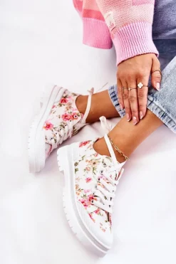 Discount Niskie Trampki Wiązane W Kwiaty Białe Amissa Damskie Trampki Damskie Niskie