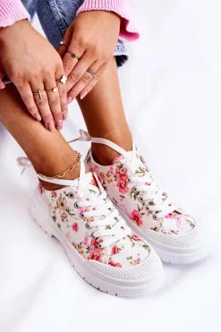 Discount Niskie Trampki Wiązane W Kwiaty Białe Amissa Damskie Trampki Damskie Niskie