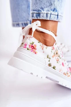 Discount Niskie Trampki Wiązane W Kwiaty Białe Amissa Damskie Trampki Damskie Niskie