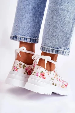 Discount Niskie Trampki Wiązane W Kwiaty Białe Amissa Damskie Trampki Damskie Niskie