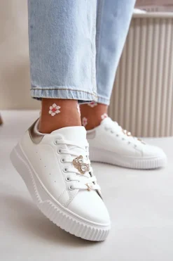 Discount Boto Niskie Trampki Z Eko Skóry Z Przypinkami Biało-Srebrne Cillione