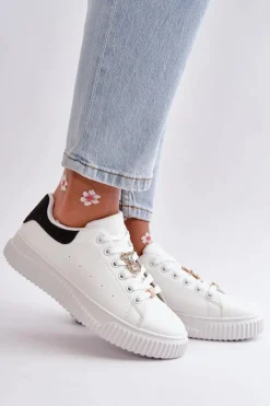 Discount Niskie Trampki Z Eko Skóry Z Przypinkami Biało-Czarne Cillione Damskie Trampki Damskie Niskie|Sneakersy Damskie