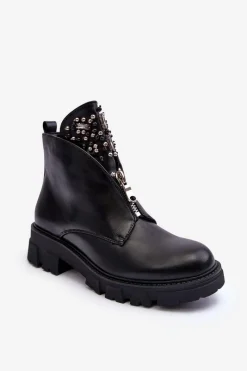 Sale Boto Niskie Zdobione Skórzane Botki Z Suwakiem Czarne Escika
