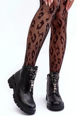 Sale Boto Niskie Zdobione Skórzane Botki Z Suwakiem Czarne Escika