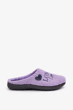 Outlet Obuwie Domowe Kapcie Damskie Z Napisem I Futerkiem Typu Baranek ET000027 Fioletowe Damskie Kapcie Klasyczne|Klapki Damskie Klasyczne