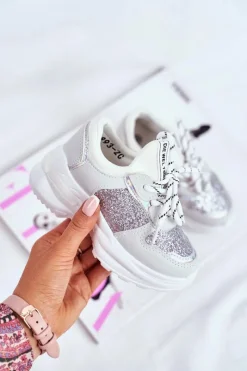 Sale Obuwie Sportowe Dziecięce z Brokatem Srebrne Matylda Dzieci Dziewczęce