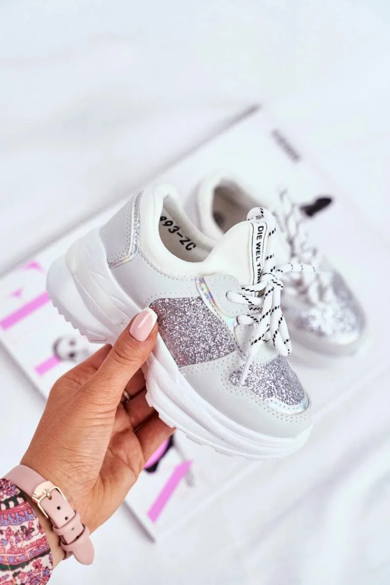 Sale Obuwie Sportowe Dziecięce z Brokatem Srebrne Matylda Dzieci Dziewczęce