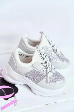 Sale Obuwie Sportowe Dziecięce z Brokatem Srebrne Matylda Dzieci Dziewczęce