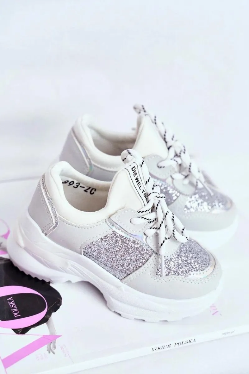Sale Obuwie Sportowe Dziecięce z Brokatem Srebrne Matylda Dzieci Dziewczęce