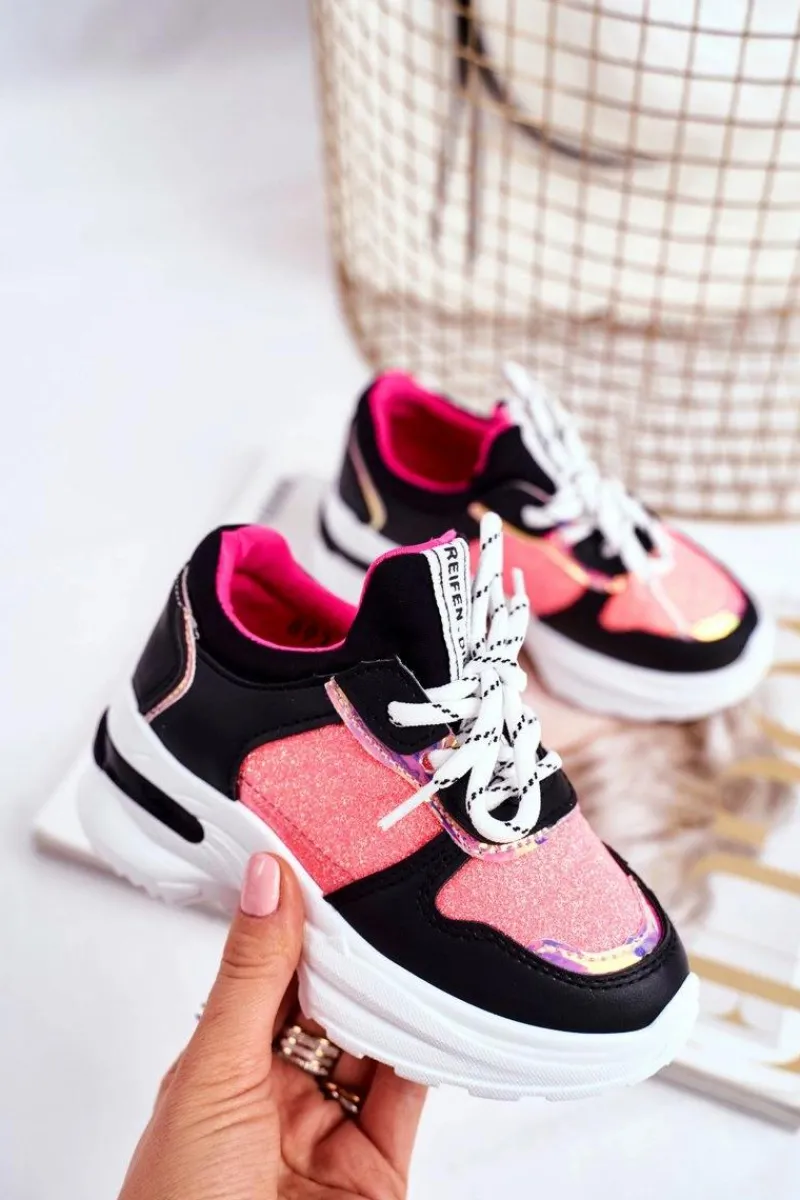 Dziewczęce>Boto Obuwie Sportowe Dziecięce z Brokatem Czarno-Różowe Matylda