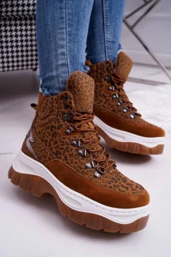 Clearance Obuwie Trekkingowe Trapery Damskie Leopard Greem Damskie Trekkingowe Damskie