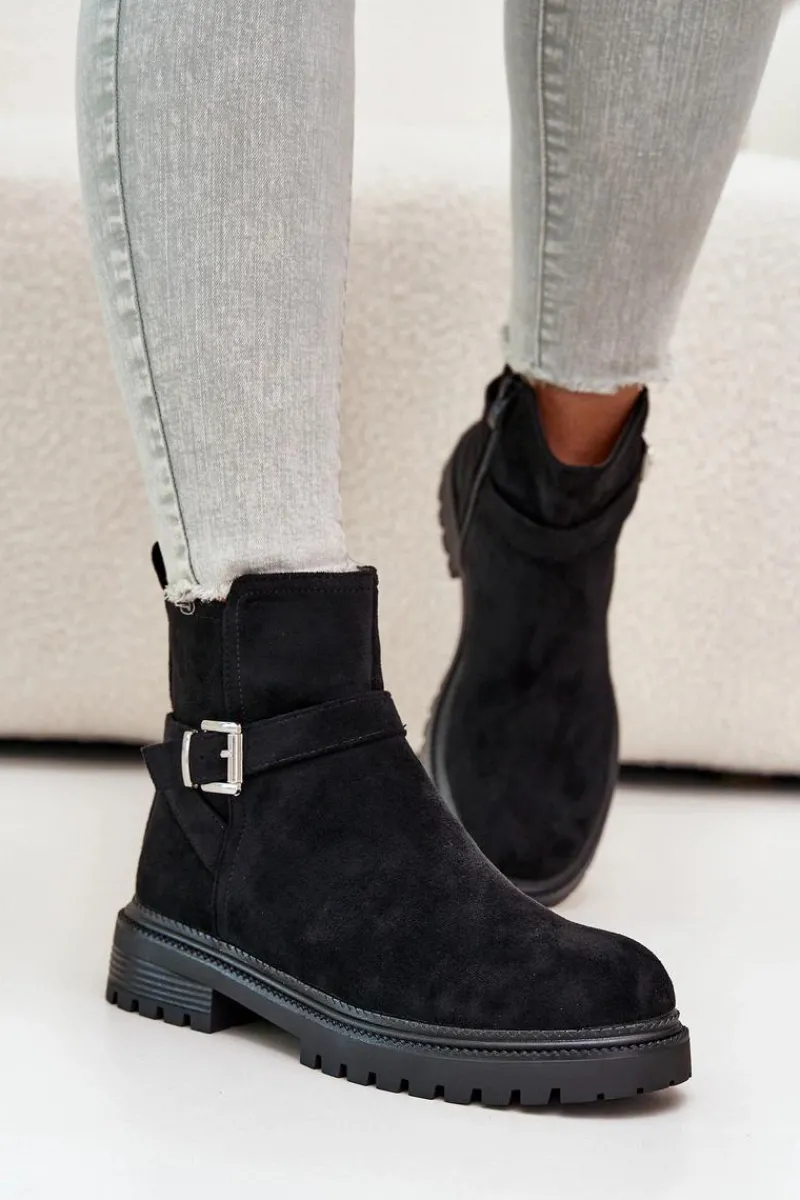 Outlet Boto Ocieplane Botki Eko Zamszowe Na Zamek Z Klamrą Czarne Zinovelle