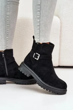 Outlet Boto Ocieplane Botki Eko Zamszowe Na Zamek Z Klamrą Czarne Zinovelle