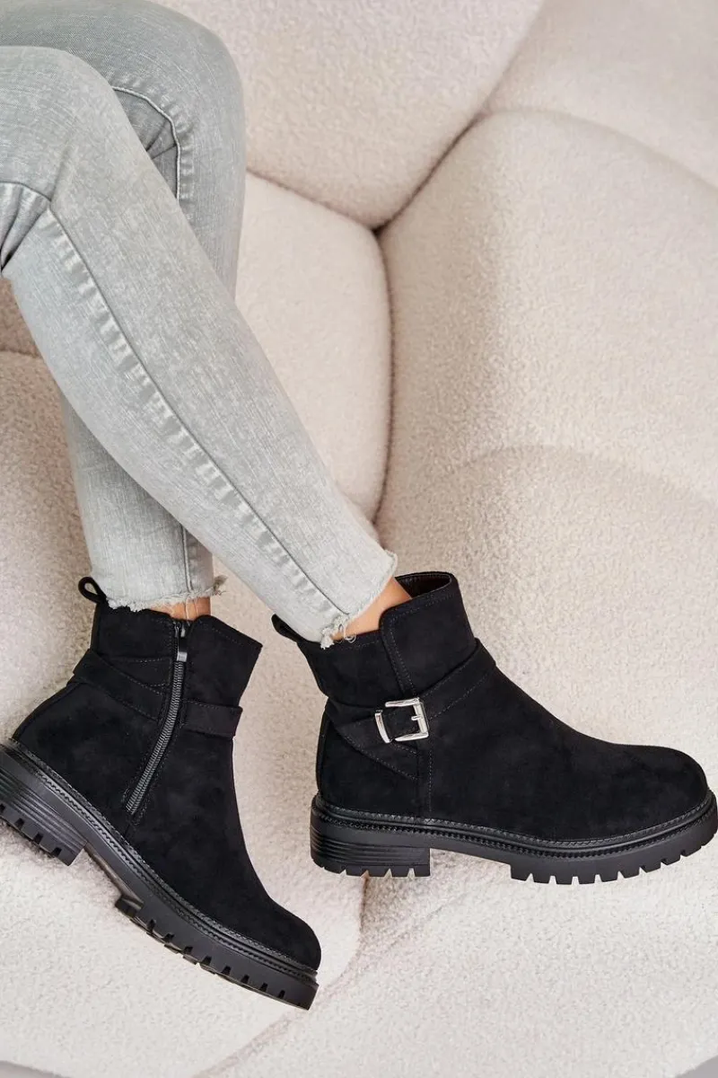 Outlet Boto Ocieplane Botki Eko Zamszowe Na Zamek Z Klamrą Czarne Zinovelle