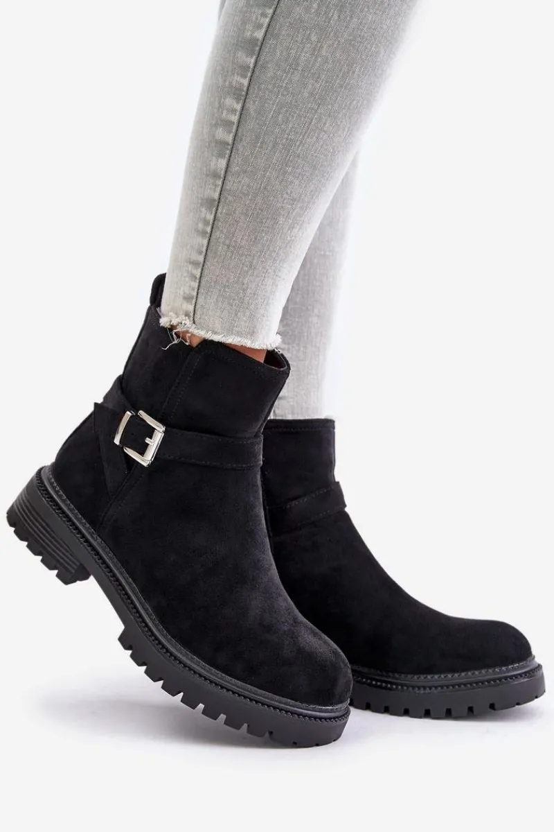Outlet Boto Ocieplane Botki Eko Zamszowe Na Zamek Z Klamrą Czarne Zinovelle