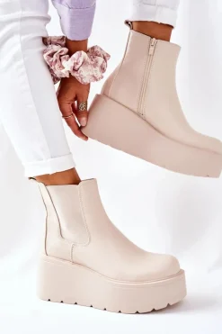 Outlet Ocieplane Botki Beżowe Montiano Damskie Botki Zimowe Damskie|Brązowe I Beżowe Botki