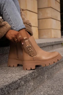 Botki Zimowe Damskie|Brązowe I Beżowe Botki>Boto Ocieplane Botki Damskie Eko Skórzane Ze Złotą Ozdobą Beżowe Erivianes