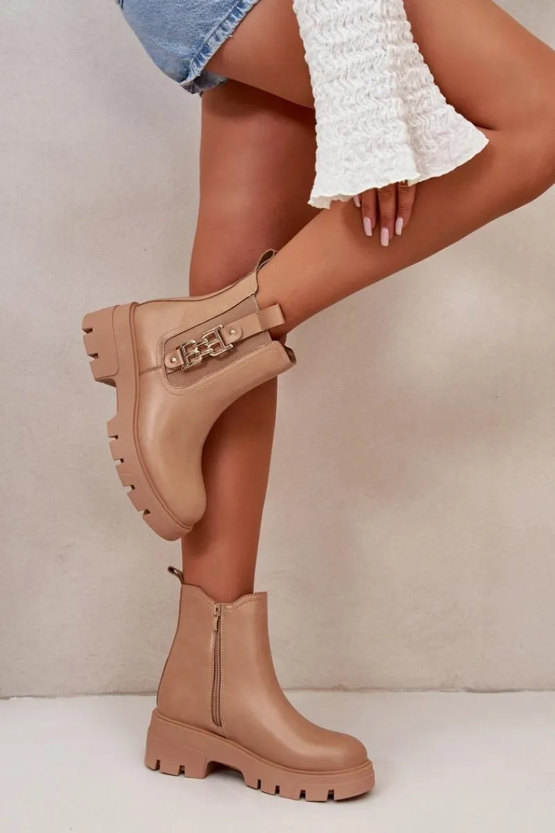 Botki Zimowe Damskie|Brązowe I Beżowe Botki>Boto Ocieplane Botki Damskie Eko Skórzane Ze Złotą Ozdobą Beżowe Erivianes