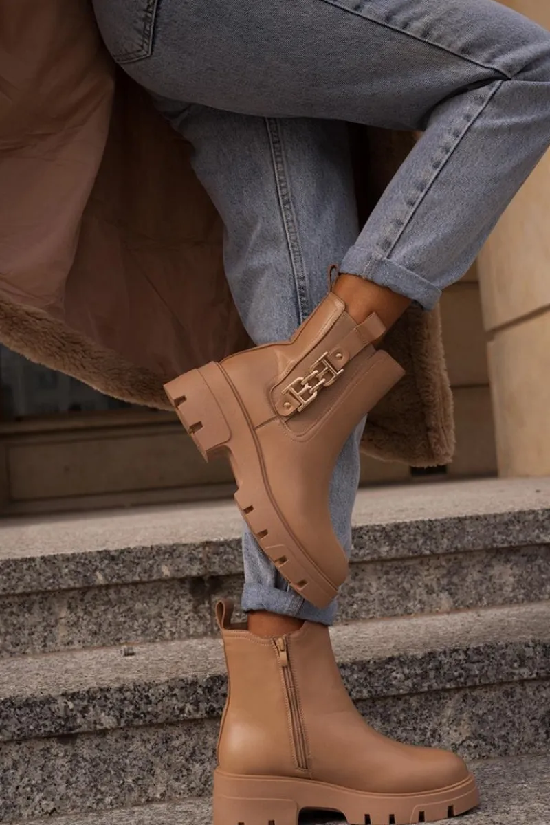 Botki Zimowe Damskie|Brązowe I Beżowe Botki>Boto Ocieplane Botki Damskie Eko Skórzane Ze Złotą Ozdobą Beżowe Erivianes