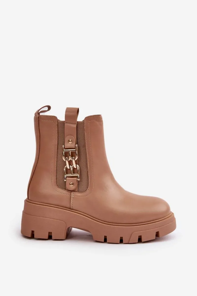 Botki Zimowe Damskie|Brązowe I Beżowe Botki>Boto Ocieplane Botki Damskie Eko Skórzane Ze Złotą Ozdobą Beżowe Erivianes