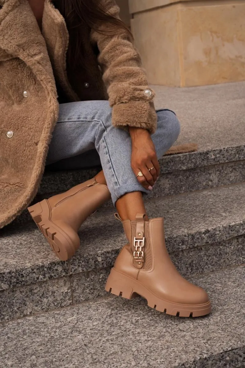 Botki Zimowe Damskie|Brązowe I Beżowe Botki>Boto Ocieplane Botki Damskie Eko Skórzane Ze Złotą Ozdobą Beżowe Erivianes