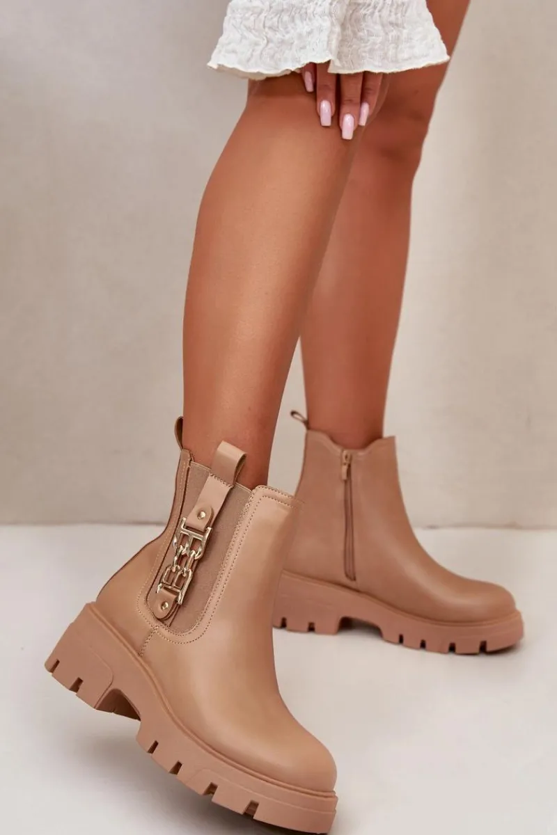 Botki Zimowe Damskie|Brązowe I Beżowe Botki>Boto Ocieplane Botki Damskie Eko Skórzane Ze Złotą Ozdobą Beżowe Erivianes