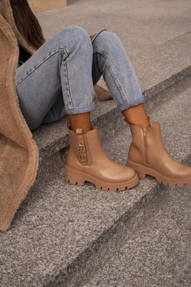 Botki Zimowe Damskie|Brązowe I Beżowe Botki>Boto Ocieplane Botki Damskie Eko Skórzane Ze Złotą Ozdobą Beżowe Erivianes