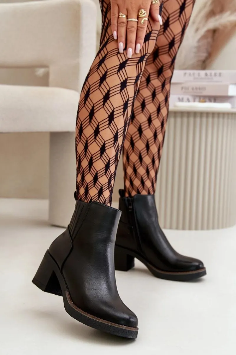 New Boto Ocieplane Botki Damskie Na Słupku Eko Skórzane Czarne Irittes