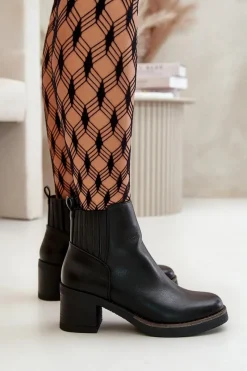 New Boto Ocieplane Botki Damskie Na Słupku Eko Skórzane Czarne Irittes