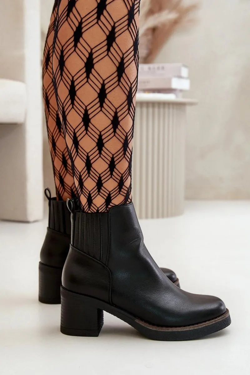 New Boto Ocieplane Botki Damskie Na Słupku Eko Skórzane Czarne Irittes