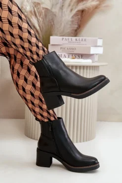 New Boto Ocieplane Botki Damskie Na Słupku Eko Skórzane Czarne Irittes