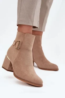 Botki Ocieplane|Botki Na Słupku>Boto Ocieplane Botki Damskie Na Słupku Ze Złotymi Elementami Beżowe Ambrine