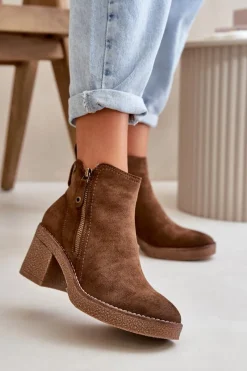 Botki Ocieplane|Brązowe I Beżowe Botki>Boto Ocieplane Botki Damskie Na Słupku Z Eko Zamszu Ciemnobrązowe Velarilla Brązowy