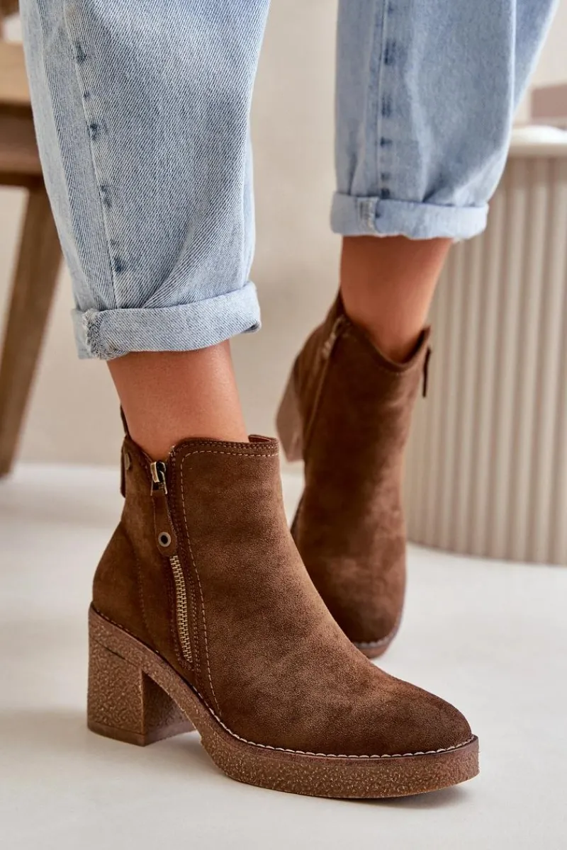 Botki Ocieplane|Brązowe I Beżowe Botki>Boto Ocieplane Botki Damskie Na Słupku Z Eko Zamszu Ciemnobrązowe Velarilla Brązowy