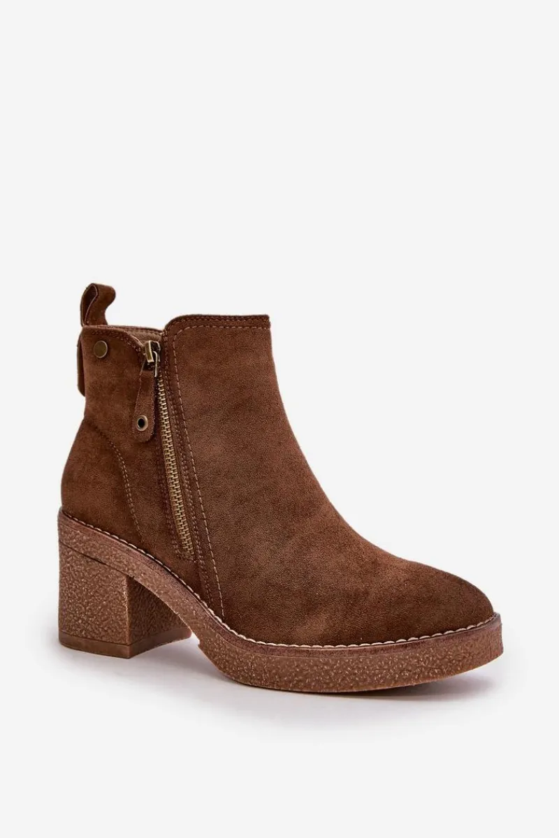 Botki Ocieplane|Brązowe I Beżowe Botki>Boto Ocieplane Botki Damskie Na Słupku Z Eko Zamszu Ciemnobrązowe Velarilla Brązowy