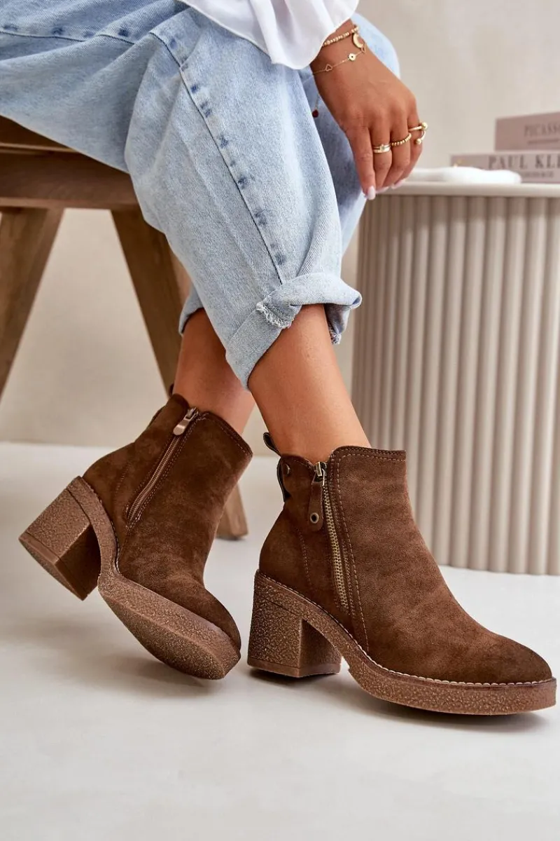 Botki Ocieplane|Brązowe I Beżowe Botki>Boto Ocieplane Botki Damskie Na Słupku Z Eko Zamszu Ciemnobrązowe Velarilla Brązowy