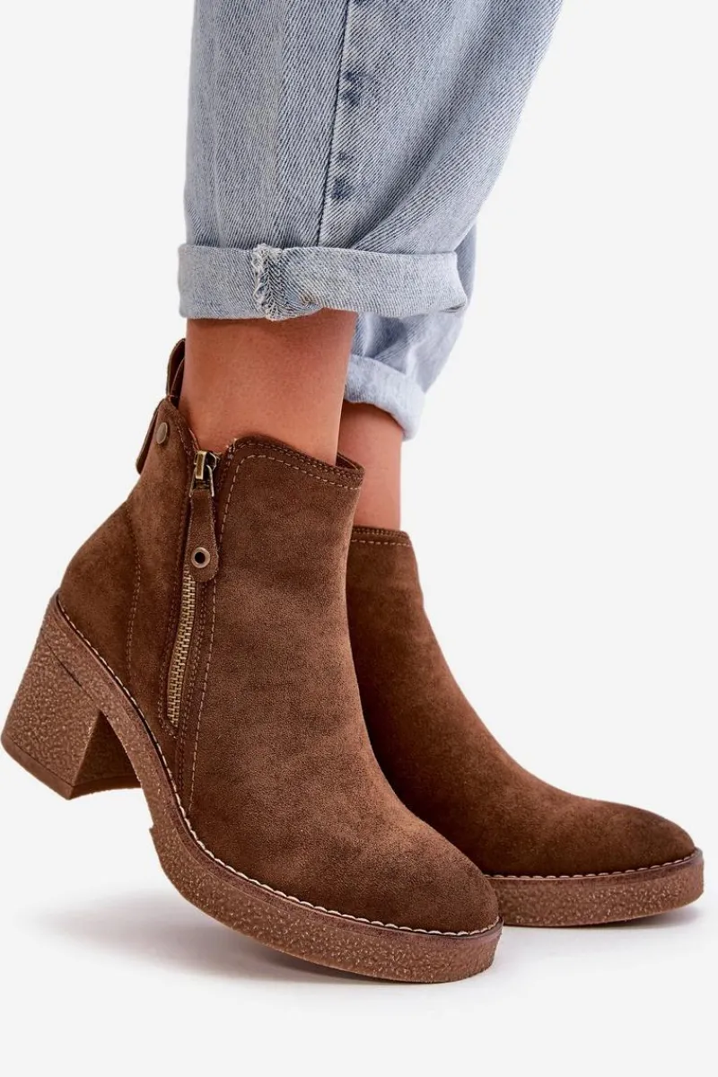 Botki Ocieplane|Brązowe I Beżowe Botki>Boto Ocieplane Botki Damskie Na Słupku Z Eko Zamszu Ciemnobrązowe Velarilla Brązowy