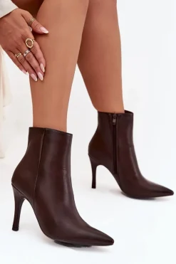 Hot Ocieplane Botki Damskie Na Szpilce Eko Skórzane Czekoladowe Nolisse Damskie Botki Ocieplane|Botki Na Obcasie
