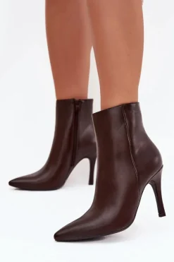 Hot Ocieplane Botki Damskie Na Szpilce Eko Skórzane Czekoladowe Nolisse Damskie Botki Ocieplane|Botki Na Obcasie