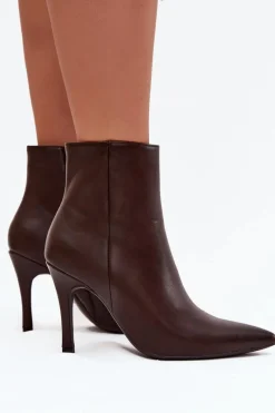 Hot Ocieplane Botki Damskie Na Szpilce Eko Skórzane Czekoladowe Nolisse Damskie Botki Ocieplane|Botki Na Obcasie