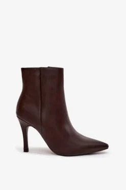 Hot Ocieplane Botki Damskie Na Szpilce Eko Skórzane Czekoladowe Nolisse Damskie Botki Ocieplane|Botki Na Obcasie