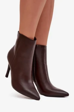 Hot Ocieplane Botki Damskie Na Szpilce Eko Skórzane Czekoladowe Nolisse Damskie Botki Ocieplane|Botki Na Obcasie