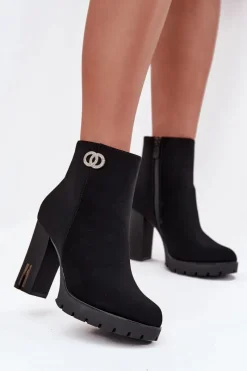 Best Ocieplane Botki Damskie Na Słupku Z Ozdobnym Detalem Czarne Vessara Damskie Botki Ocieplane|Botki Na Słupku